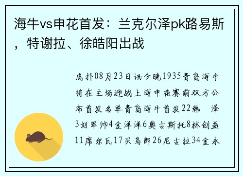 海牛vs申花首发：兰克尔泽pk路易斯，特谢拉、徐皓阳出战